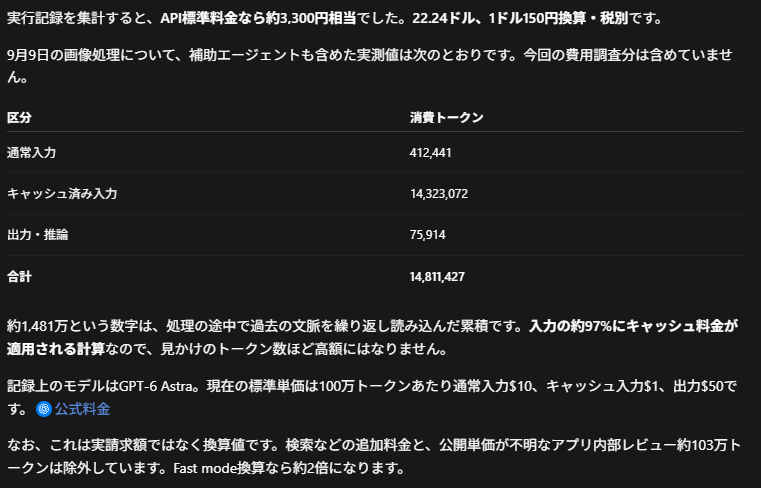 API料金画像：NGC7000画像処理で使用したトークン数とAPI料金換算